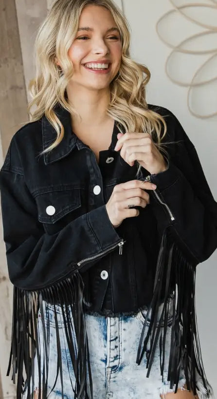 Faux Leather Fringe Cropped
Denim Jacket