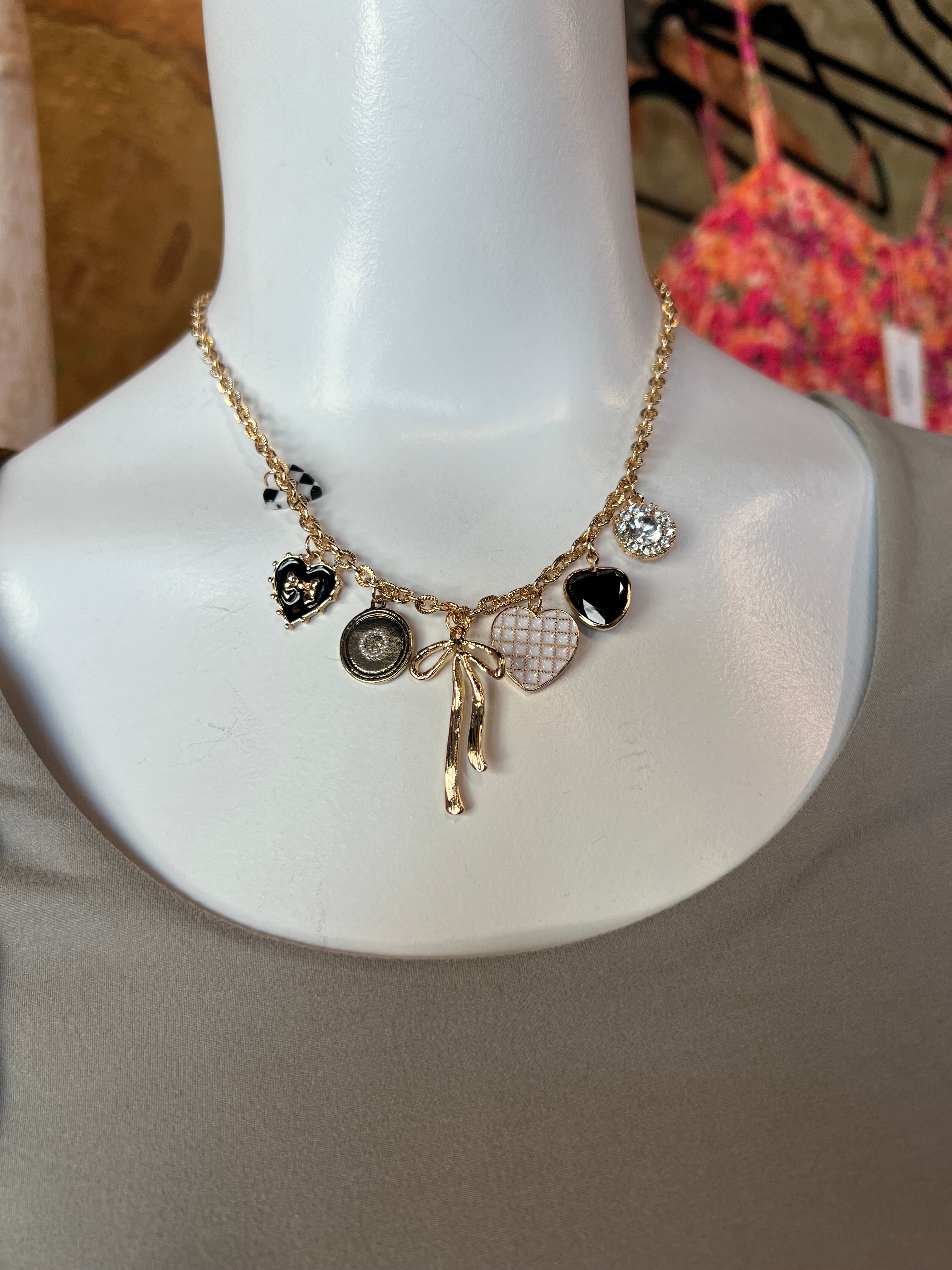 Checker Heart Bow Charm Necklace