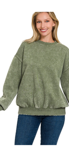 Zenana Lt Olive Acid Wash Oversize Pullover