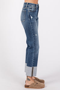 HIGH RISE STRETCH SLIM STRAIGHT W/ CUFFED HEM