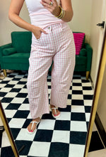 Load image into Gallery viewer, Gingham Print Twill Barrel Jeans
