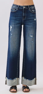 Load image into Gallery viewer, Petra153 ~ High Rise Stretch Wide
Leg w/ Cuffed Hem Jeans

