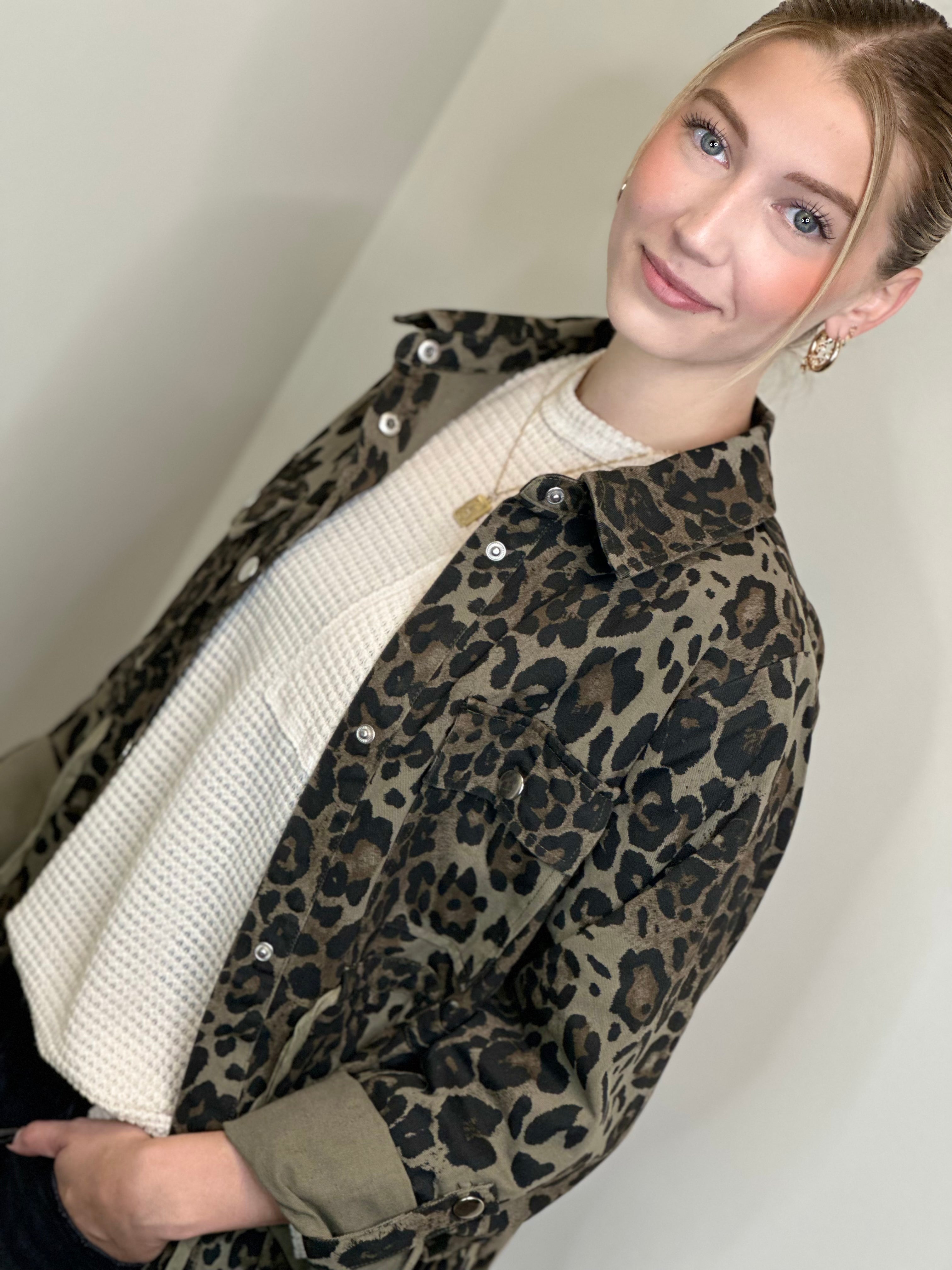 Olive Leopard Print Button Up Jacket