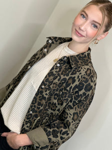 Olive Leopard Print Button Up Jacket