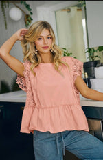 Load image into Gallery viewer, BIBI ~ Solid Jersey Tiered Top with Lace Sleeve (Blush or Ivory)
