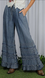 Load image into Gallery viewer, Vine &amp; Love ~ Flared Ruffle Hem Washed Chambray Crop Denim Pants
