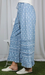Load image into Gallery viewer, Vine &amp; Love Polka Dot Flared Ruffle Denim Pant
