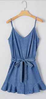 Load image into Gallery viewer, Babs + Birdie ~ Allison | V Neck Belted Ruffled Leg
Chambray Romper
