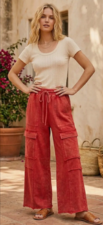 Load image into Gallery viewer, Sewn &amp; Seen ~ Mineral Washed Terry Cargo Pants Colors: Red, Black or Taupe
