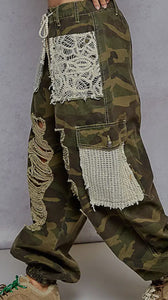 POL ~ Vintage Wash Crochet Patches Distress Jogger Pants