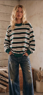 Load image into Gallery viewer, Sewn &amp; Seen ~ Oversized French Terry Striped Sweatshirt          Hunter/Brown/Cream
