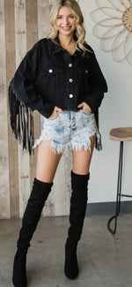 Load image into Gallery viewer, Faux Leather Fringe Cropped
Denim Jacket
