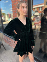 Load image into Gallery viewer, Forest Green Velvet Babydoll Ruffle Dress
