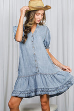 Load image into Gallery viewer, Vine &amp; Love ~ V-Neck Ruffle Hem 100%Tencel Chambray Midi Dress
