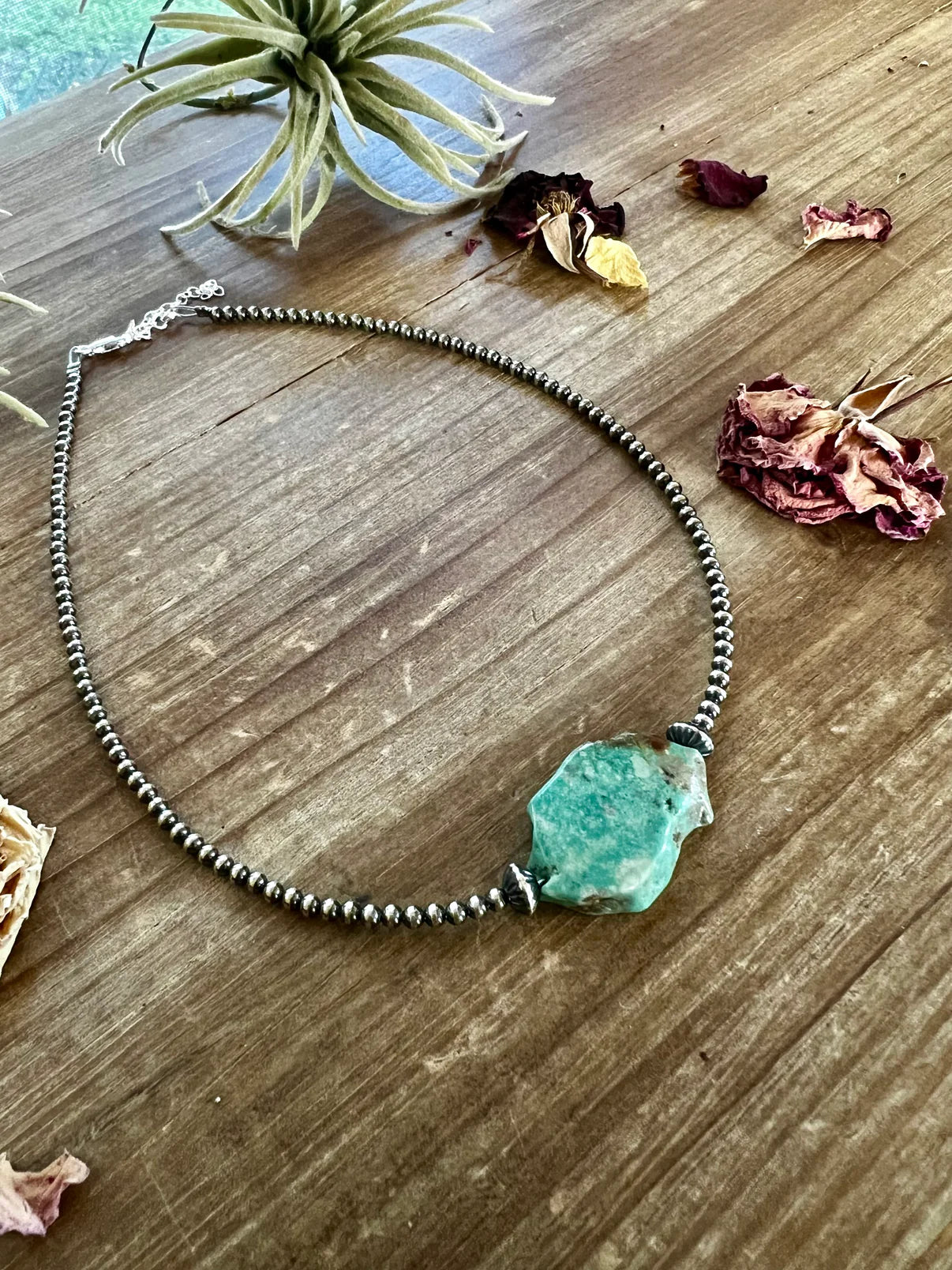 Silver 3MM Pearls with FLat Natural Turquoise Choker