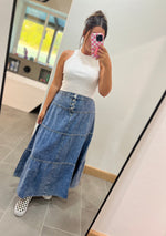 Load image into Gallery viewer, Risen Tiered Denim Maxi Skirt
