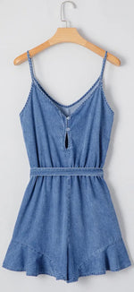 Load image into Gallery viewer, Babs + Birdie ~ Allison | V Neck Belted Ruffled Leg
Chambray Romper
