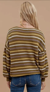 Blu Pepper Olive Multicolor Stripe Crochet Knit Sweater