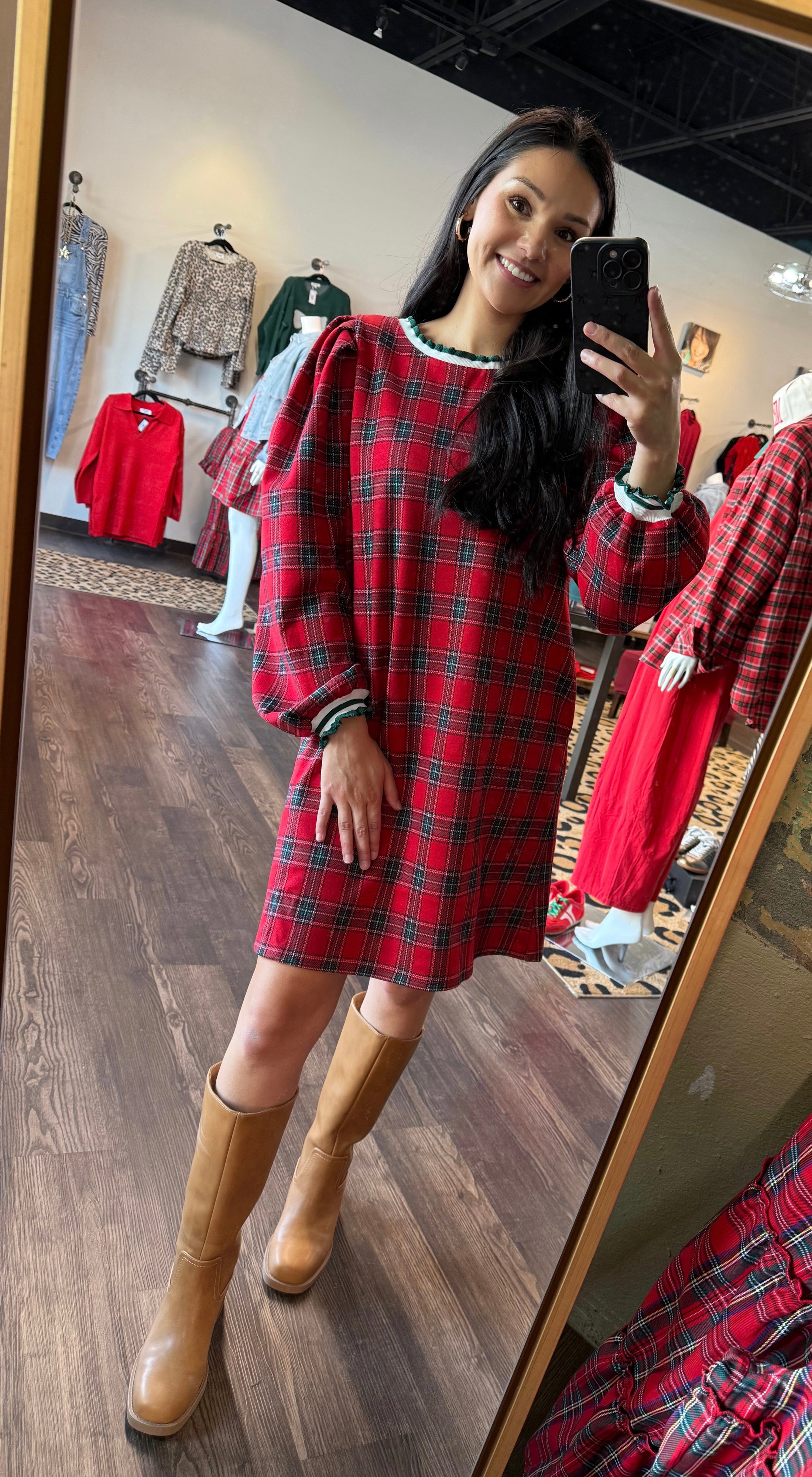 Christmas Plaid Dress with Varsity Stripe Detail