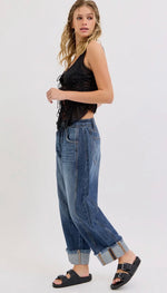 Load image into Gallery viewer, Cello Dark Mid Waisted Barrel W/Raw Hem
