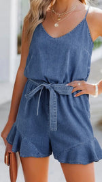 Load image into Gallery viewer, Babs + Birdie ~ Allison | V Neck Belted Ruffled Leg
Chambray Romper

