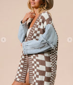 Load image into Gallery viewer, Gingham and Washed Denim Cardigan
