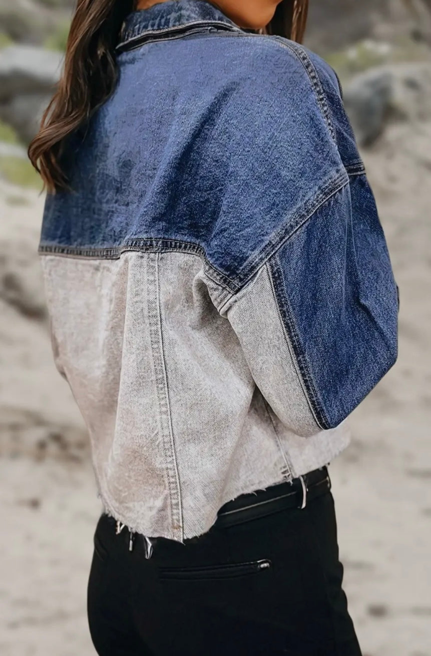 Aapparella Color Block Raw Hem Denim Jacket