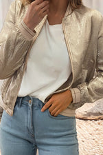 Load image into Gallery viewer, Khaki Metallic Zip Up Baseball Jacket
