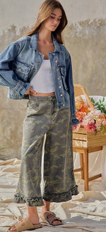 Load image into Gallery viewer, BIBI ~ Camouflage Denim Ruffled Hem Mid Rise Bloomer Pants (Loose Fit)

