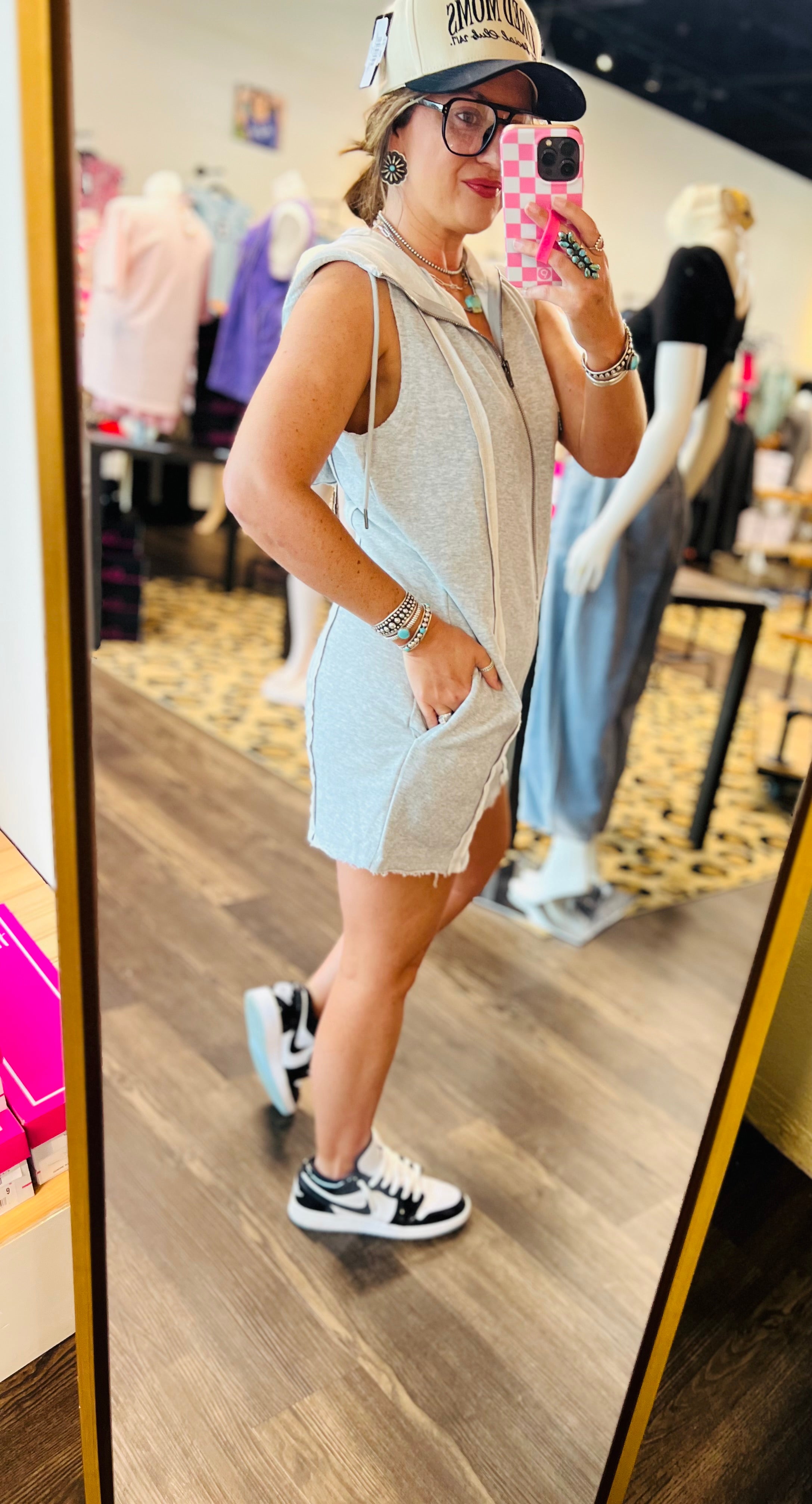 French Terry Zip Front Sleeveless Hooded Romper