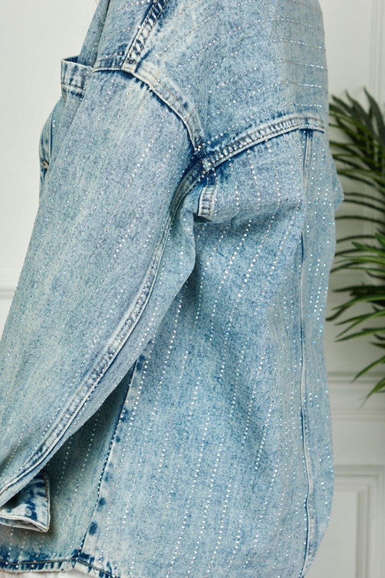 Rhinestone Washed Denim Jacket