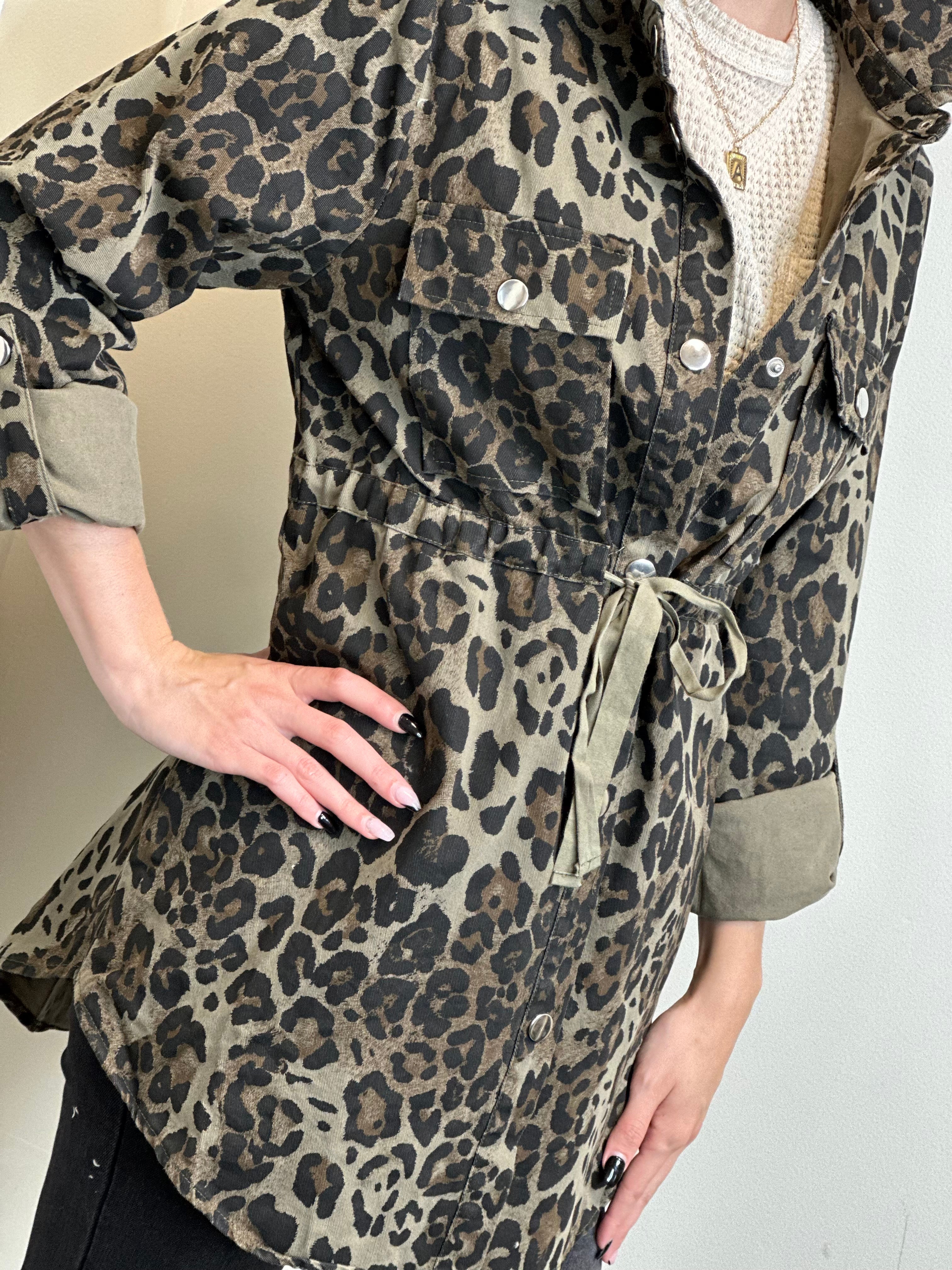Olive Leopard Print Button Up Jacket