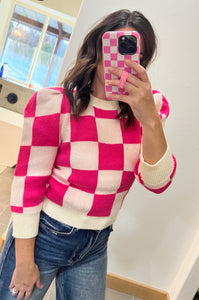 Ivory and Pink Puff Sleeve Sweater
