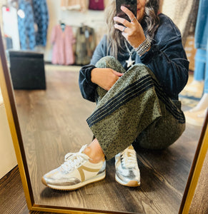 Stripe Trim Dusty Olive Leopard Pant