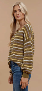 Load image into Gallery viewer, Blu Pepper Olive Multicolor Stripe Crochet Knit Sweater
