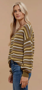 Blu Pepper Olive Multicolor Stripe Crochet Knit Sweater