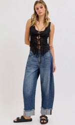 Load image into Gallery viewer, Cello Dark Mid Waisted Barrel W/Raw Hem
