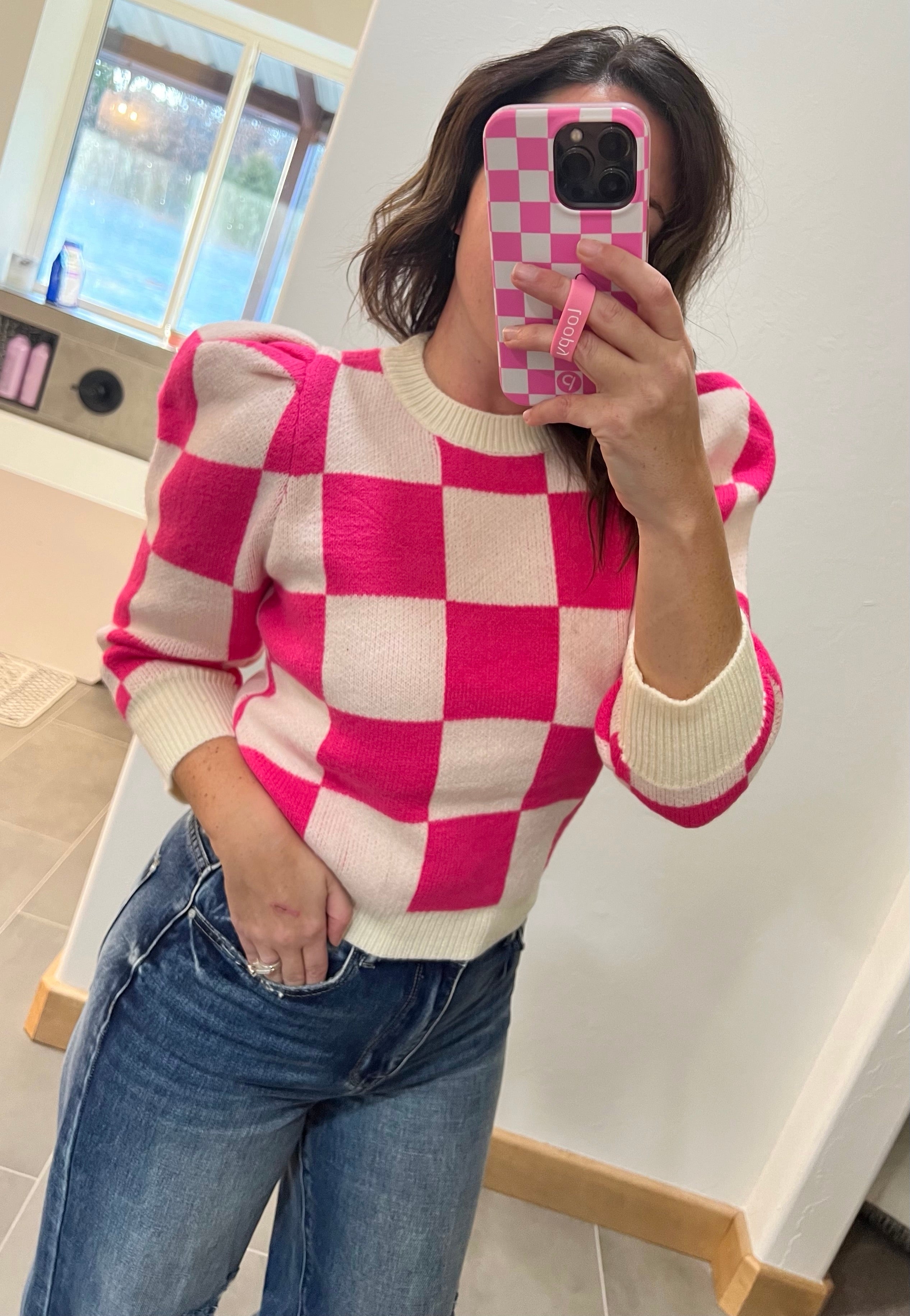 Ivory and Pink Puff Sleeve Sweater