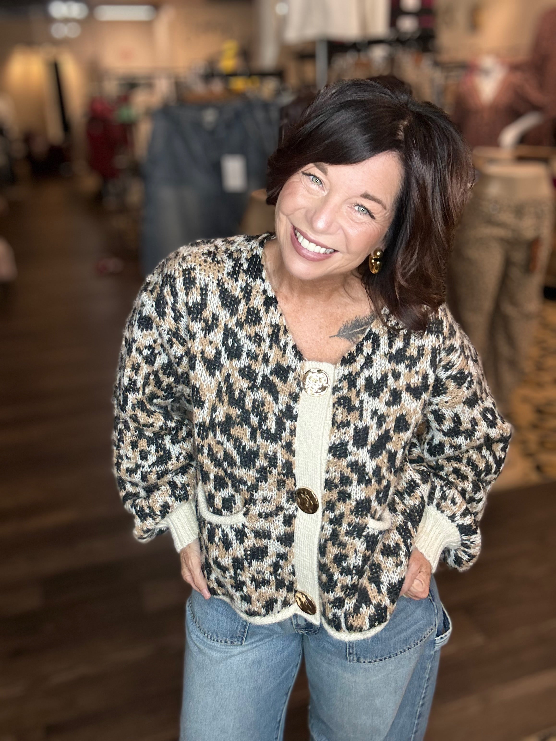 Kori America Leopard Cardigan with Gold Buttons