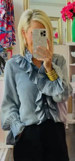 Load image into Gallery viewer, Cezele Denim Ruffled Button Down Long Sleeve Top
