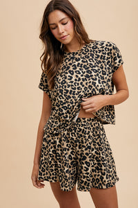 Soft  Touch Leopard Knit Top and Flare Short Set
