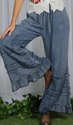 Load image into Gallery viewer, Vine &amp; Love ~ Flared Ruffle Hem Washed Chambray Crop Denim Pants
