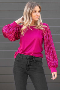 Holiday Sequin Sleeve Top/Hot Pink