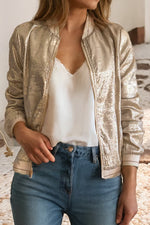 Load image into Gallery viewer, Khaki Metallic Zip Up Baseball Jacket
