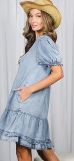 Load image into Gallery viewer, Vine &amp; Love ~ V-Neck Ruffle Hem 100%Tencel Chambray Midi Dress
