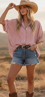 Load image into Gallery viewer, Sewn and Seen ~ Oversized Short Short Sleeve Button Down Shirt

