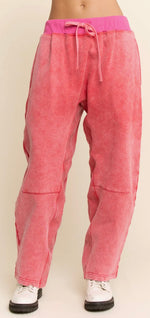 Load image into Gallery viewer, DAVI &amp; DANI ~ Mineral Washed French Terry Contrast Waist Barrel Pants                                           Red/Hot Pink
