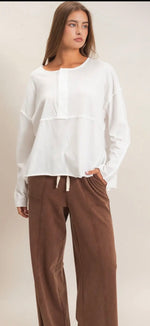 Load image into Gallery viewer, Double Zero ~ Oversized Henley Top with Raw Edges.              Colors: Brown or White
