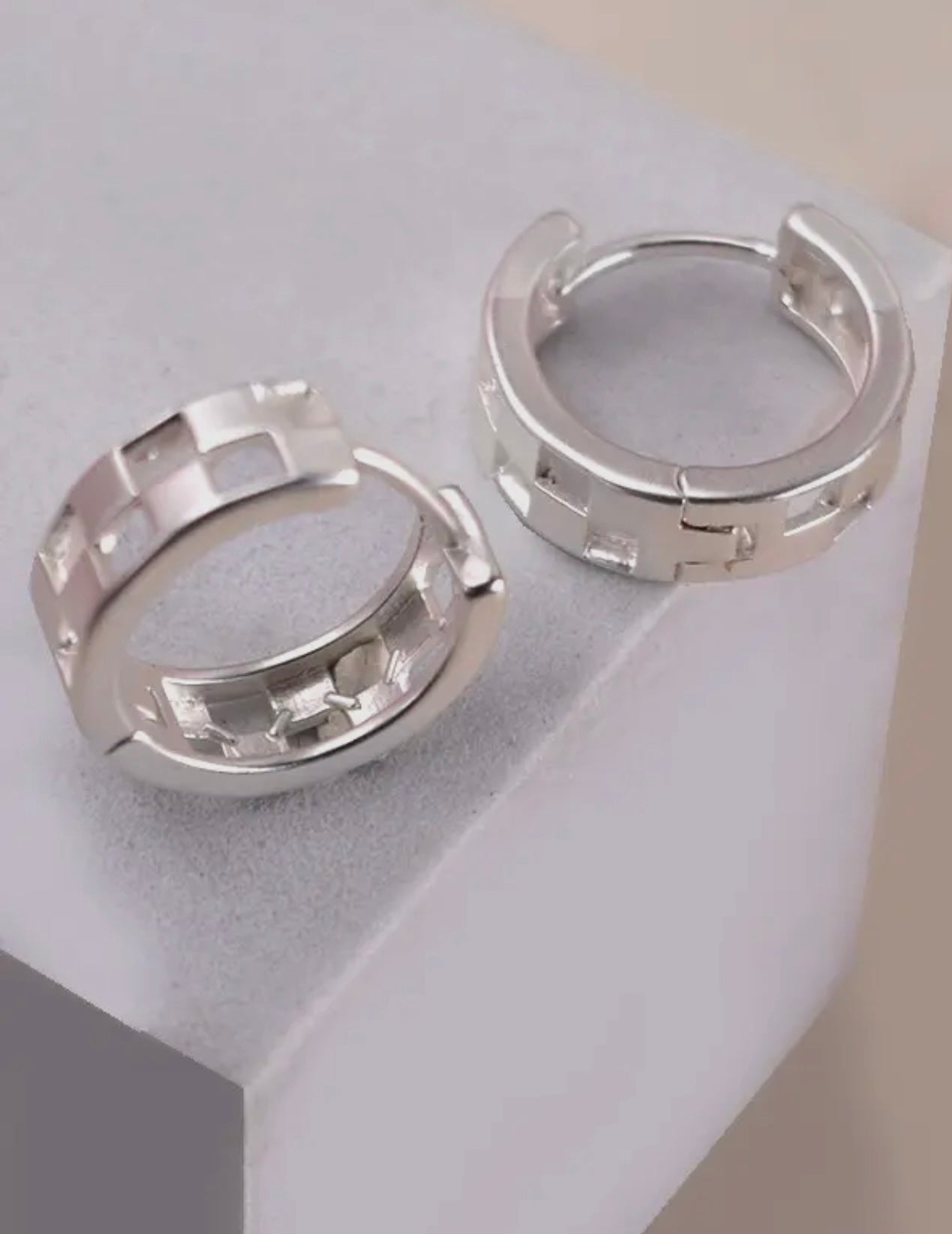 Mini Cut Out Checker Hoop Silver Ear Ring