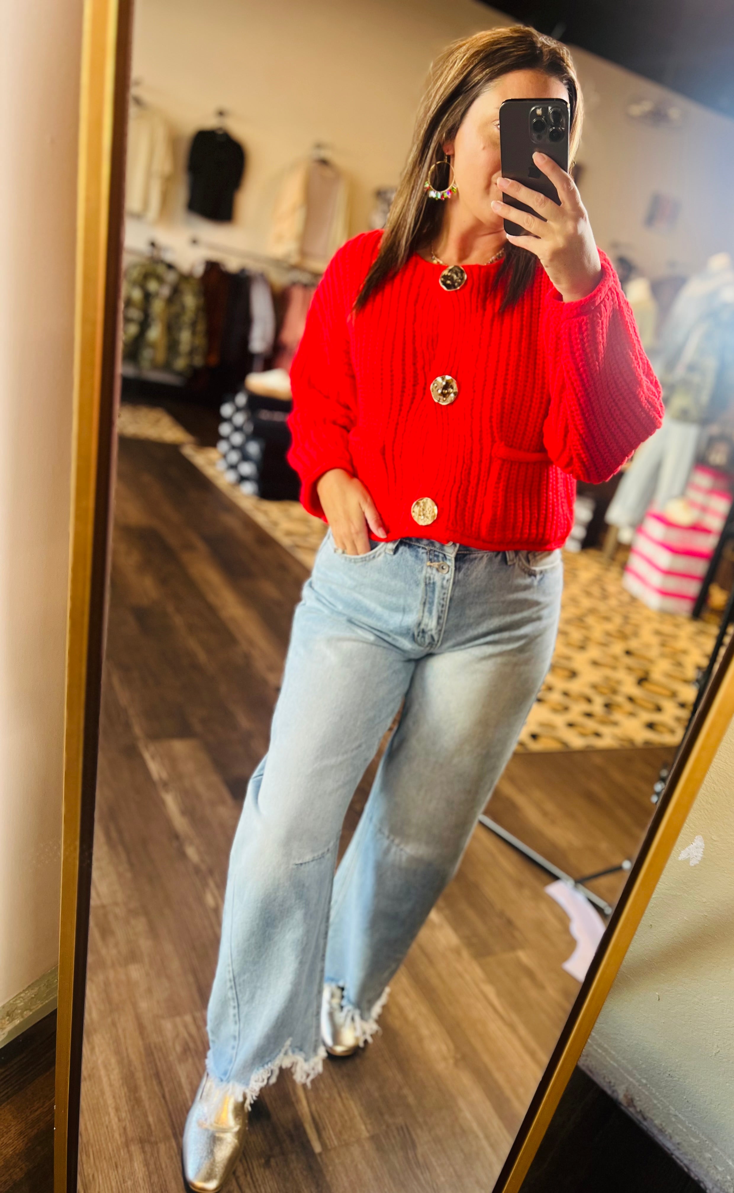 Chunky Red Cardigan W/ Gold Buttons